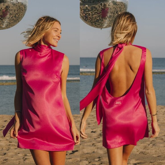 Daily Drills Dresses & Skirts - Daily Drills Dress Silky Mini Dress with Neck Tie -  Hot Pink - Small